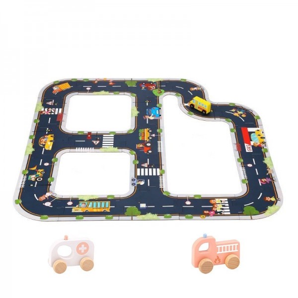 TOOKY TOY Road Puzzle lastele Kit Highway Mockup 21 tk. FSC + 2 puidust sõiduki sertifikaat